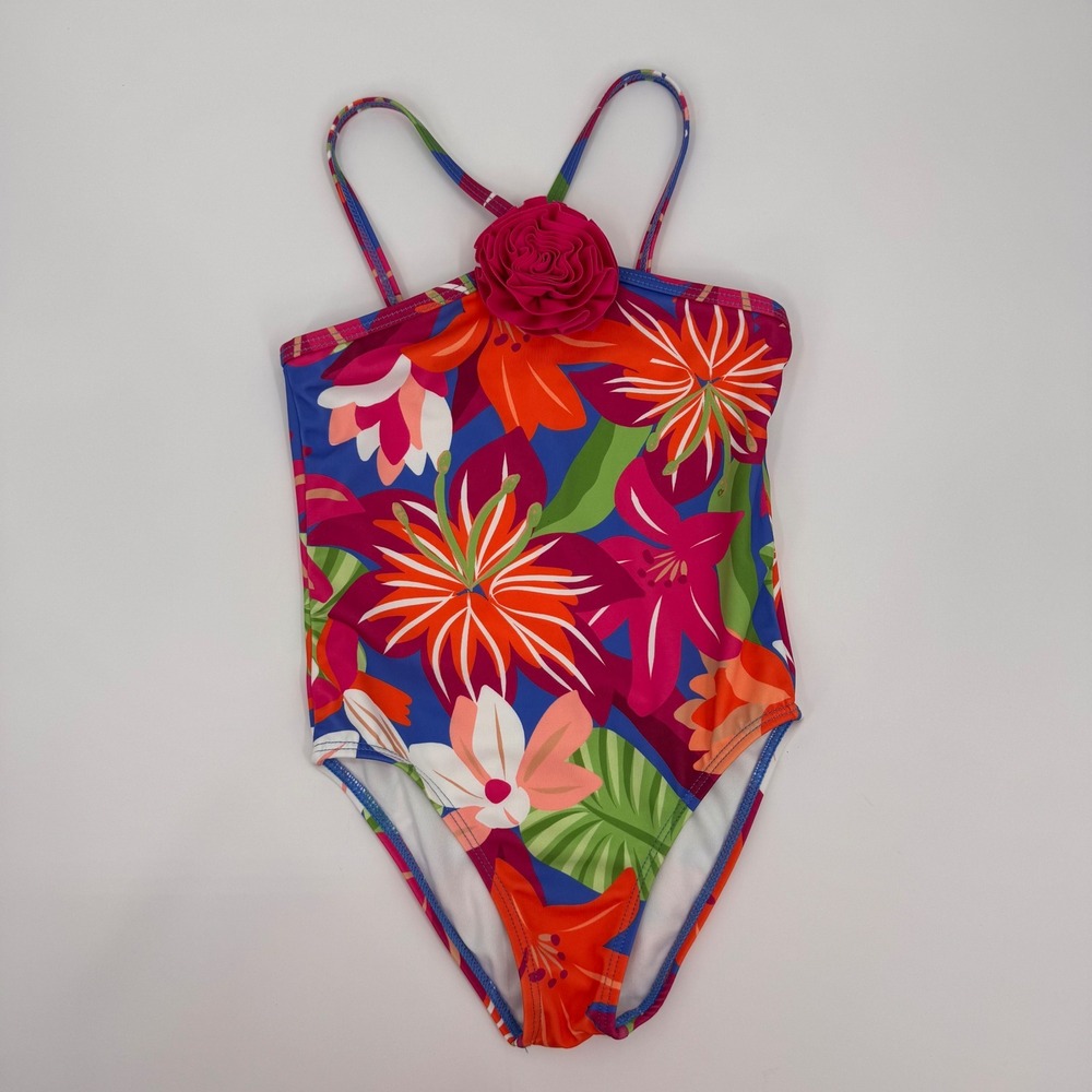 Janie and Jack Girls Size 4 NWOT Floral One Piece Swimsuit Rosette Tropical